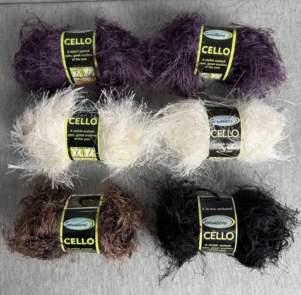 Sensations Cello Eyelash Yarn Mixed Lot of 6 Solid Purple White Mink Black